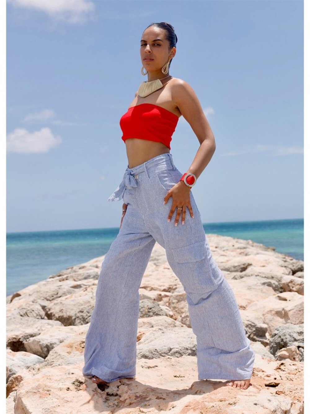 Blue Striped Wide-Leg Linen Pants